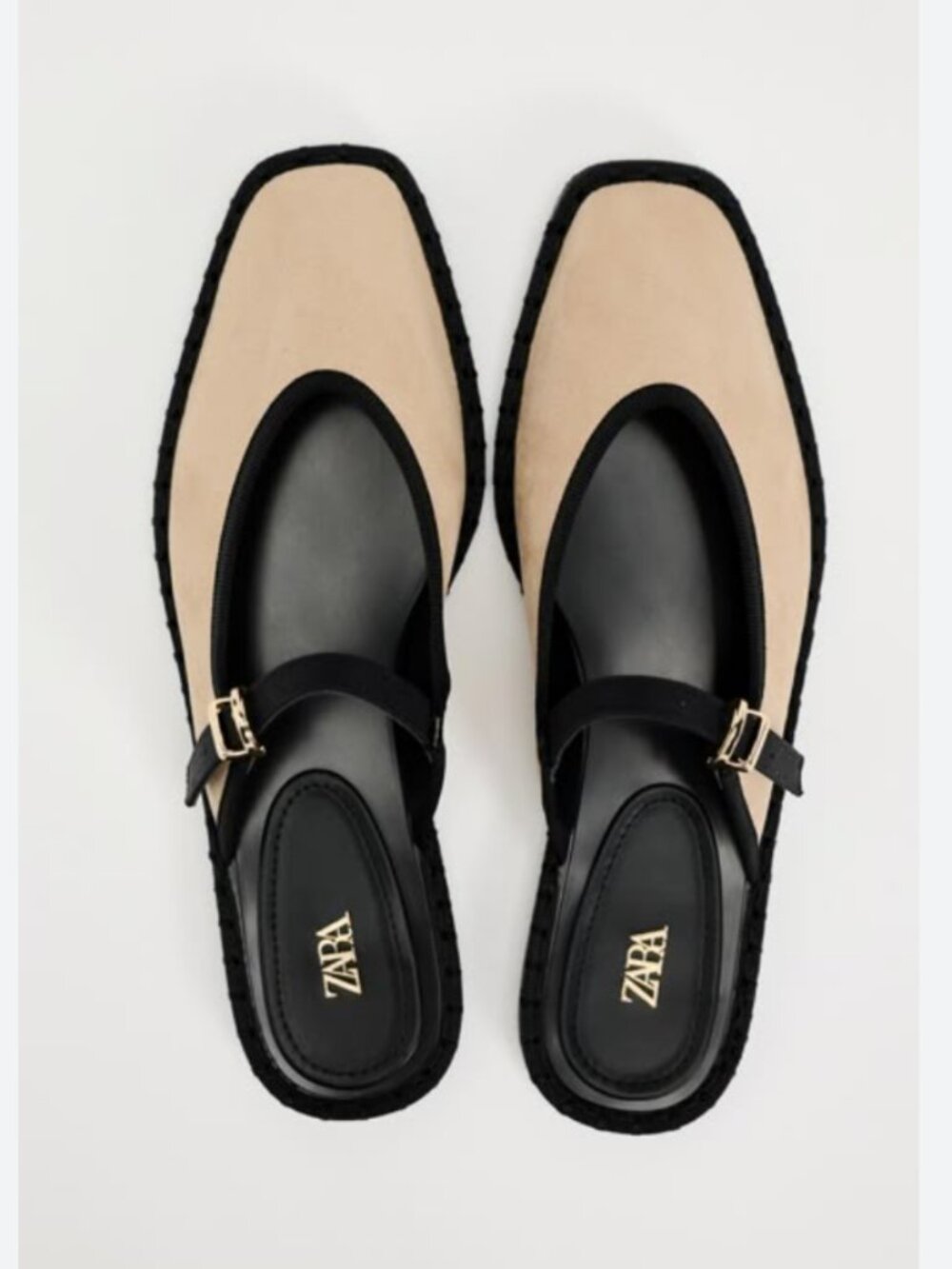 Zara Neutral Tan Beige Suede Mary Jane Mules Black Trim Buckle Flats Sz 10